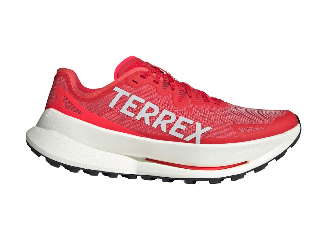 Side view on white background of Mens Adidas Terrex Agravic Speed running shoe in Pure Ruby/Grey One/Lucid Red, Medium (Regular) width