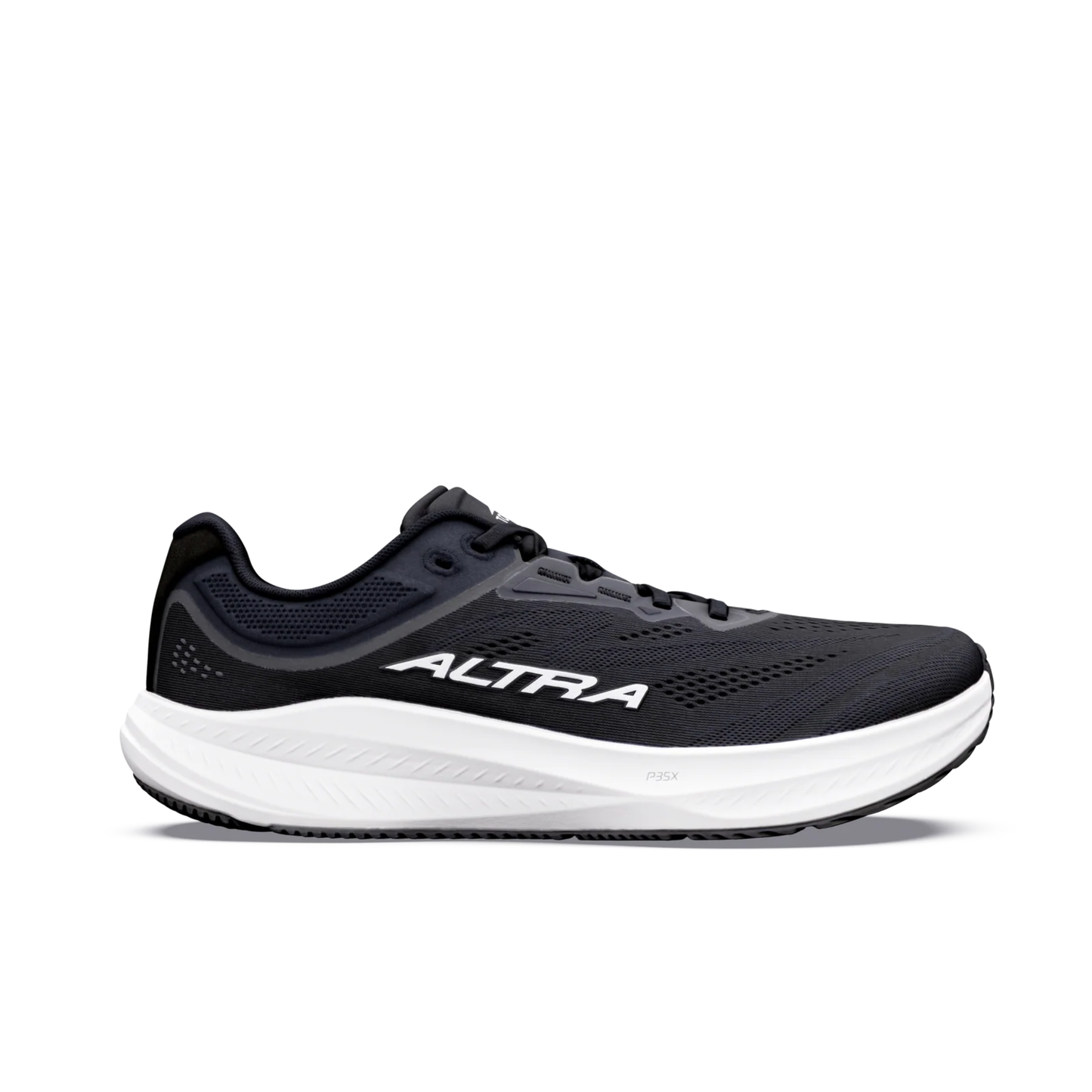Side view on white background of Womens Altra Torin 9 running shoe in Black/White/Black, Wide width