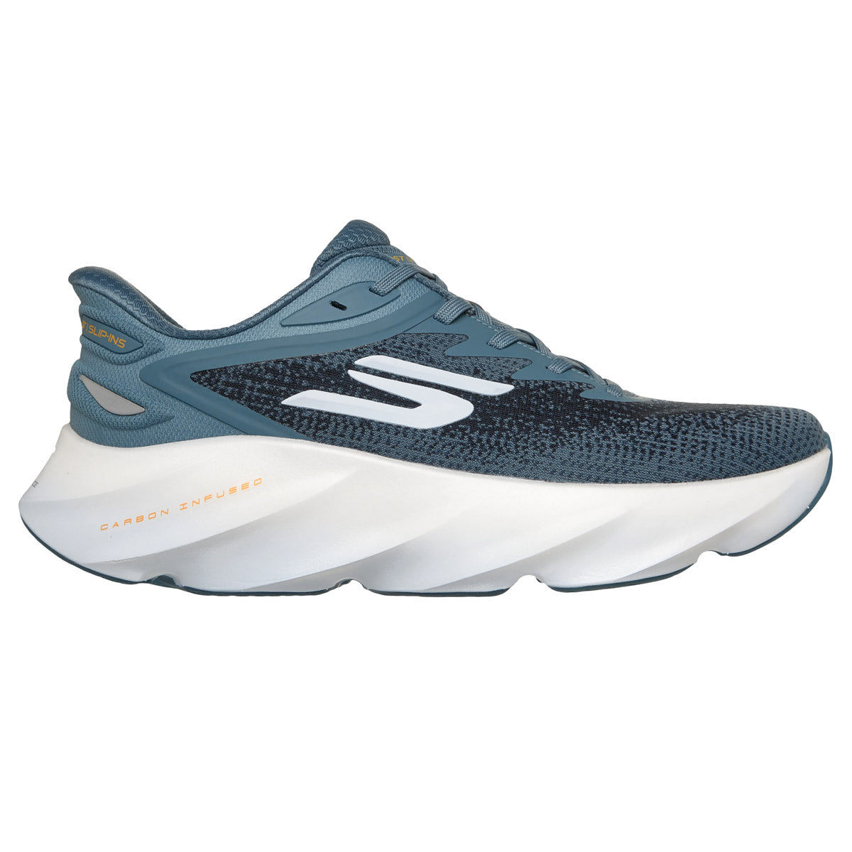 Side view on white background of Mens Skechers Aero Burst running shoe in Slate, Medium (Regular) width