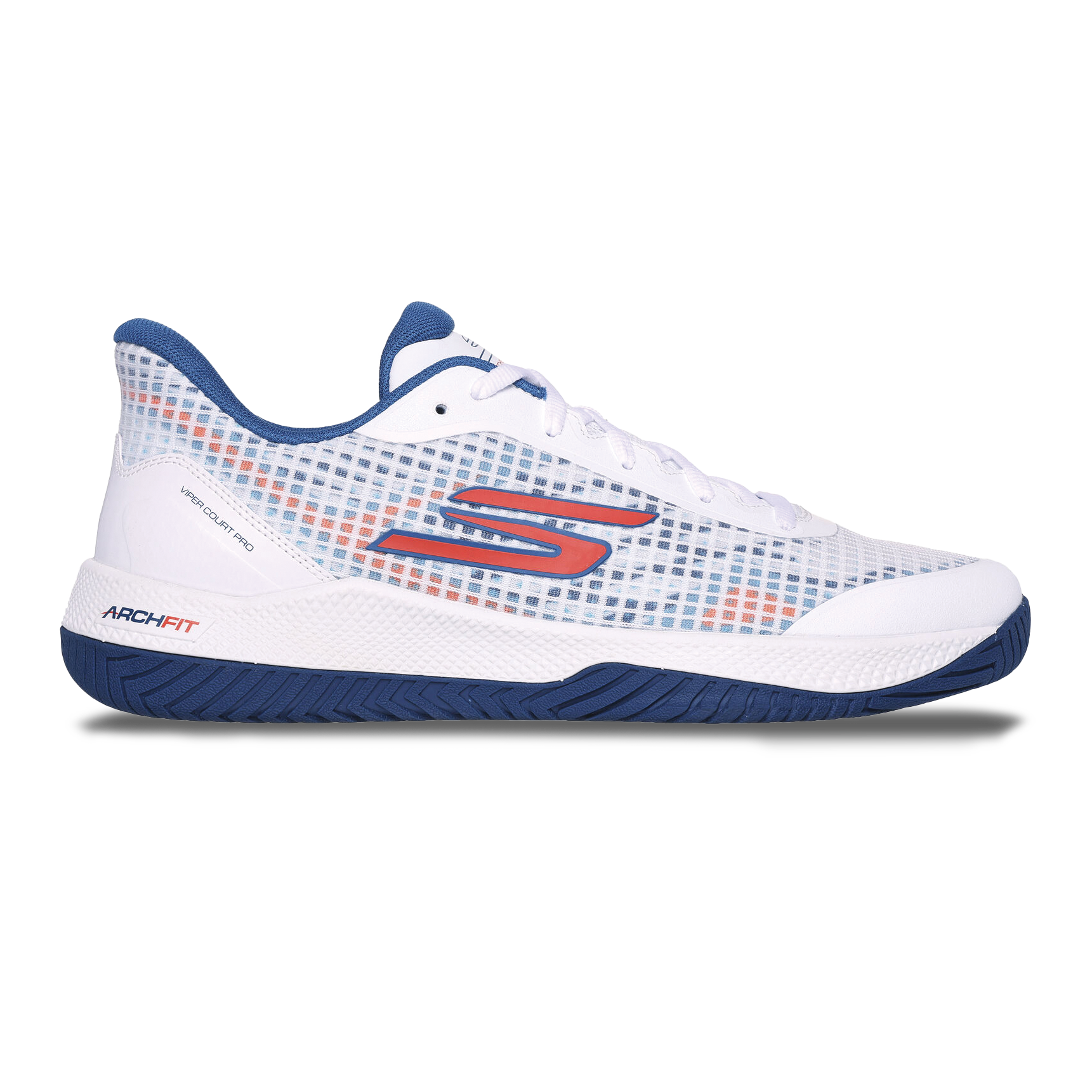 Side view on white background of Mens Skechers Viper Court Pro running shoe in White/Turquoise, Medium (Regular) width