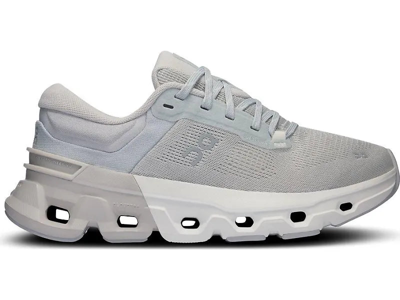 Side view on white background of Womens On Cloudflyer 5 running shoe in Glacier/Wolf, Medium (Regular) width