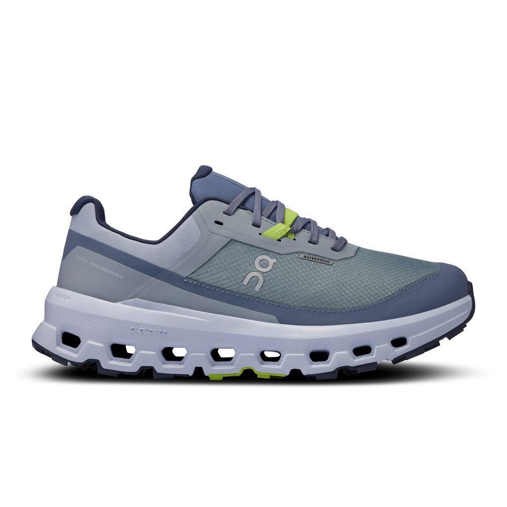 Side view on white background of Womens On Cloudvista 2 Waterproof running shoe in Mist/Heather, Medium (Regular) width