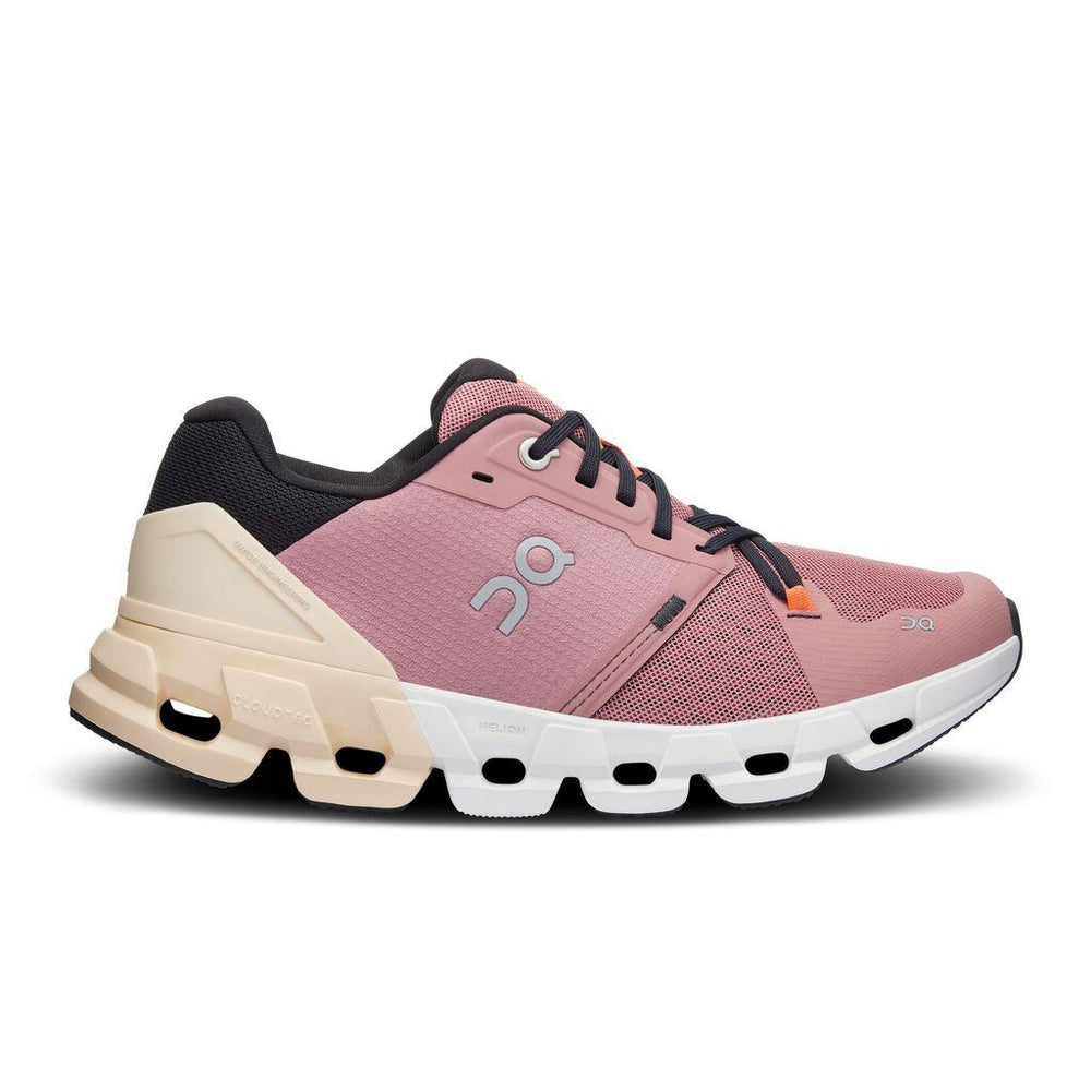 Side view on white background of Womens On Cloudflyer 4 running shoe in Dustrose/Sand, Medium (Regular) width