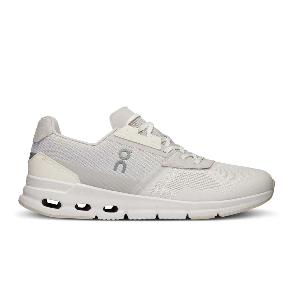 Side view on white background of Mens On Cloudrift running shoe in Undyed-White/Frost, Medium (Regular) width