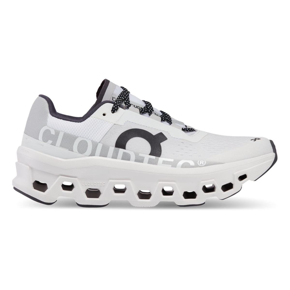 Side view on white background of Mens On Cloudmonster running shoe in All White, Medium (Regular) width