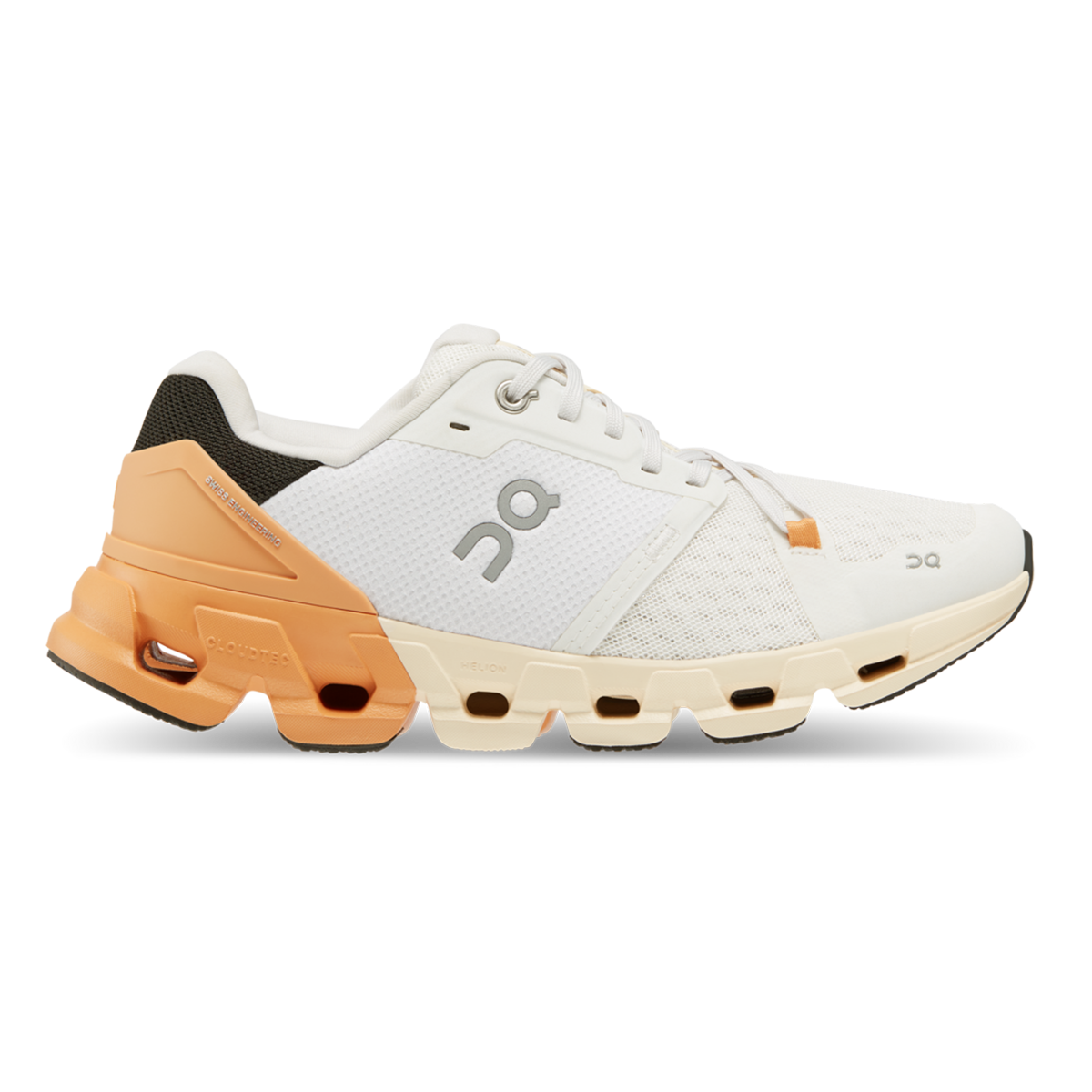 Side view on white background of Womens On Cloudflyer 4 running shoe in White/Copper, Medium (Regular) width