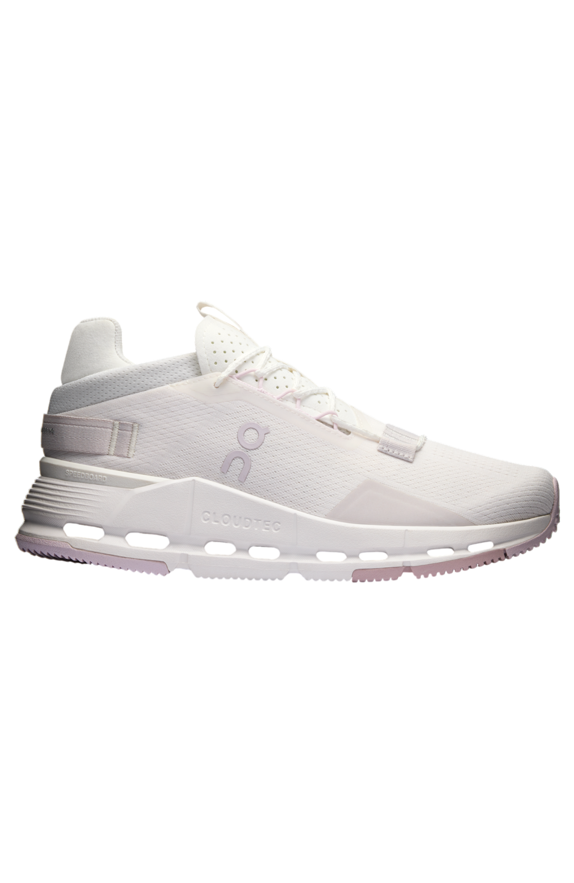 Side view on white background of Womens On Cloudnova 2 running shoe in White/Orchid, Medium (Regular) width