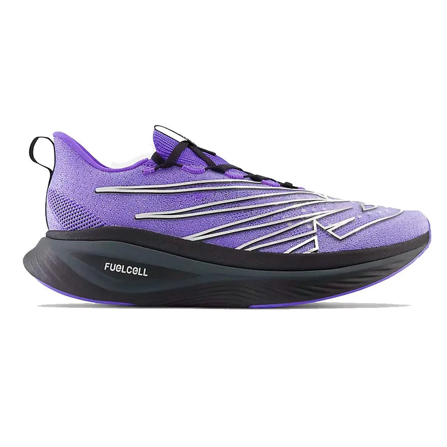 Side view on white background of Womens New Balance FuelCell SuperComp Elite V3 running shoe in Electric Indigo/Black, Medium (Regular) width