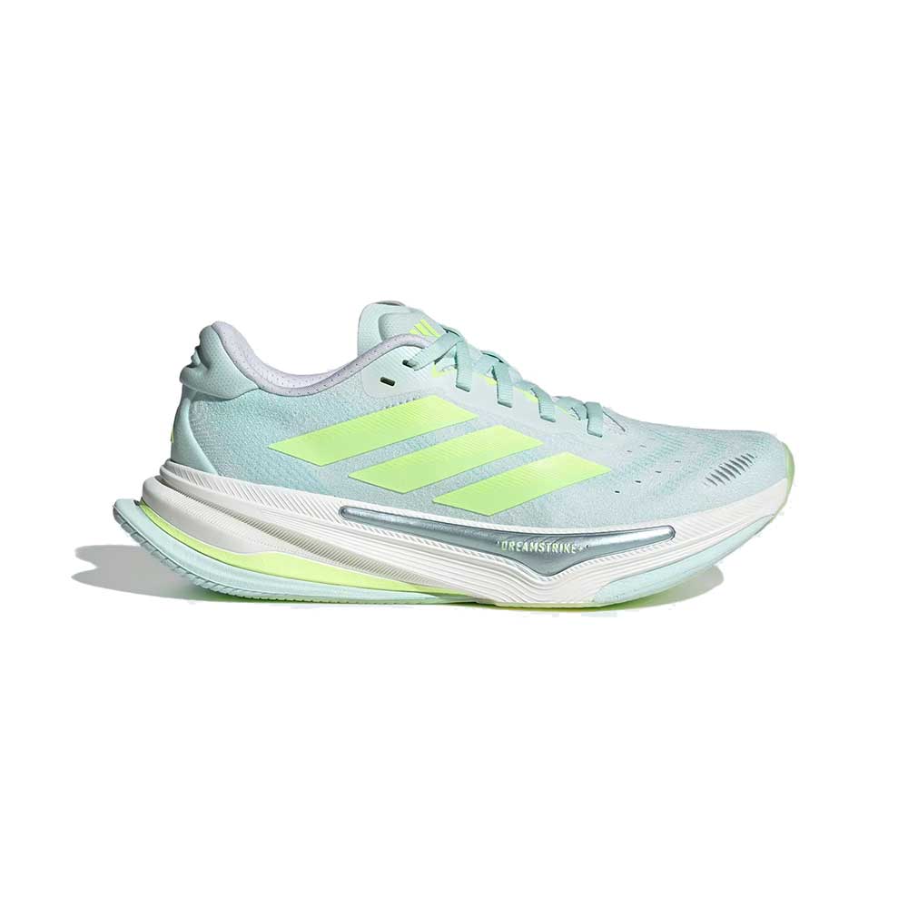 Side view on white background of Womens Adidas Supernova Prima 2 running shoe in Halo Mint/Hi-Res Yellow/Ftwr White, Medium (Regular) width