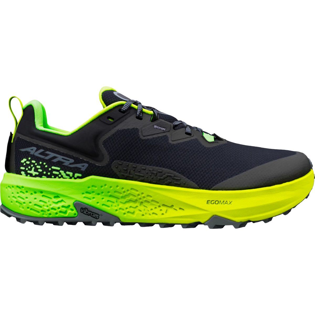Side view on white background of Mens Altra Timp 6 running shoe in Black/Turbulence/Gecko, Medium (Regular) width