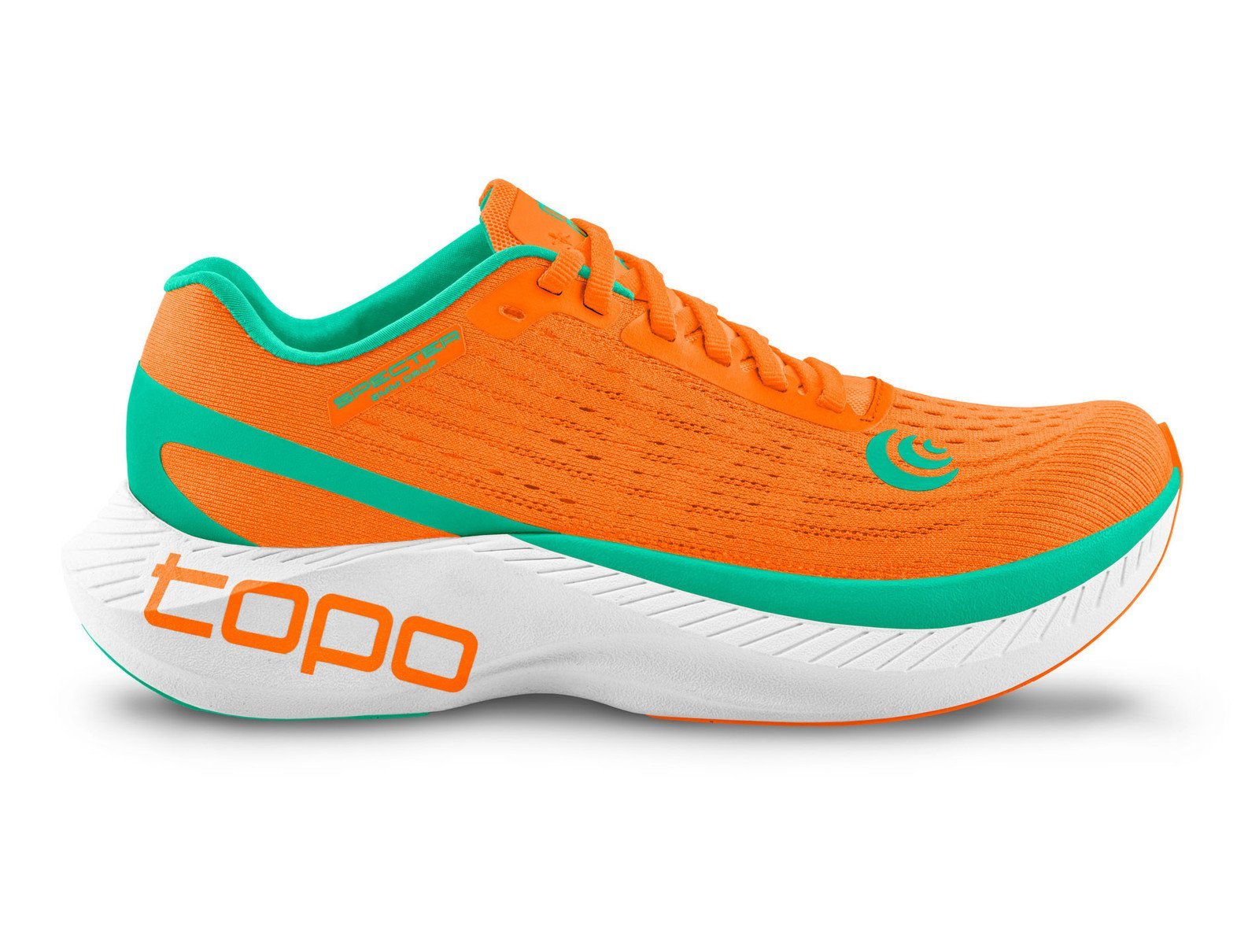 Side view on white background of Womens Topo Athletic Specter running shoe in Orange/Seafoam, Medium (Regular) width