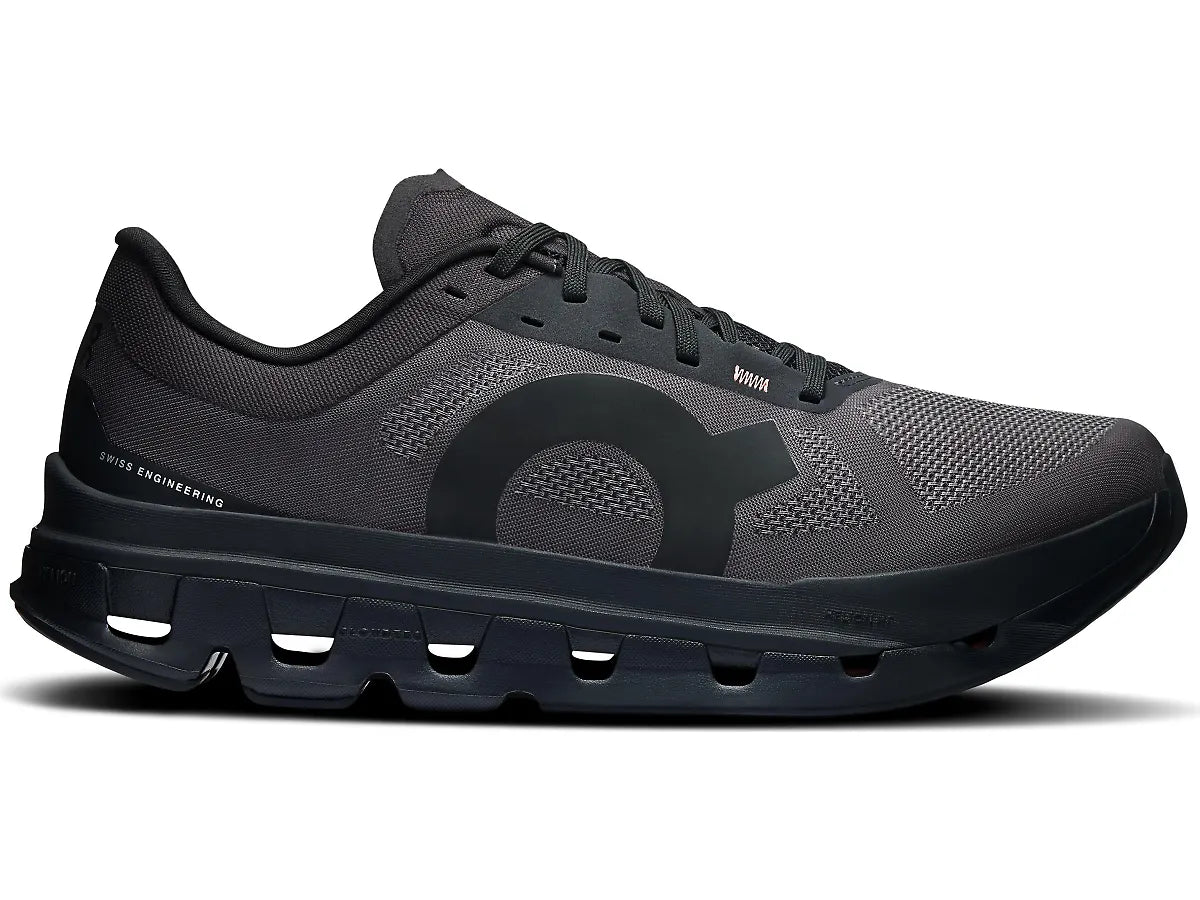 Side view on white background of Mens On Cloudflow 5 running shoe in Black/Black, Medium (Regular) width