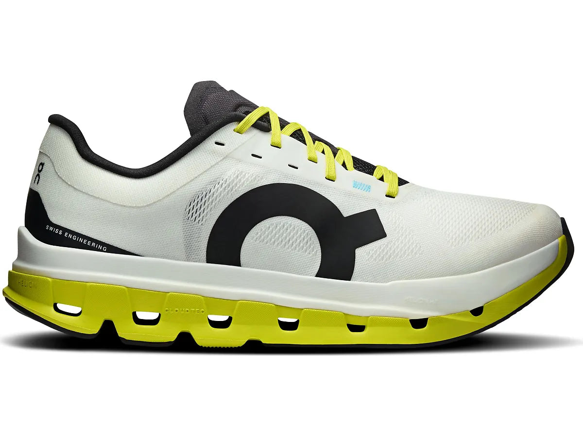 Side view on white background of Womens On Cloudflow 5 running shoe in White/Lime, Medium (Regular) width