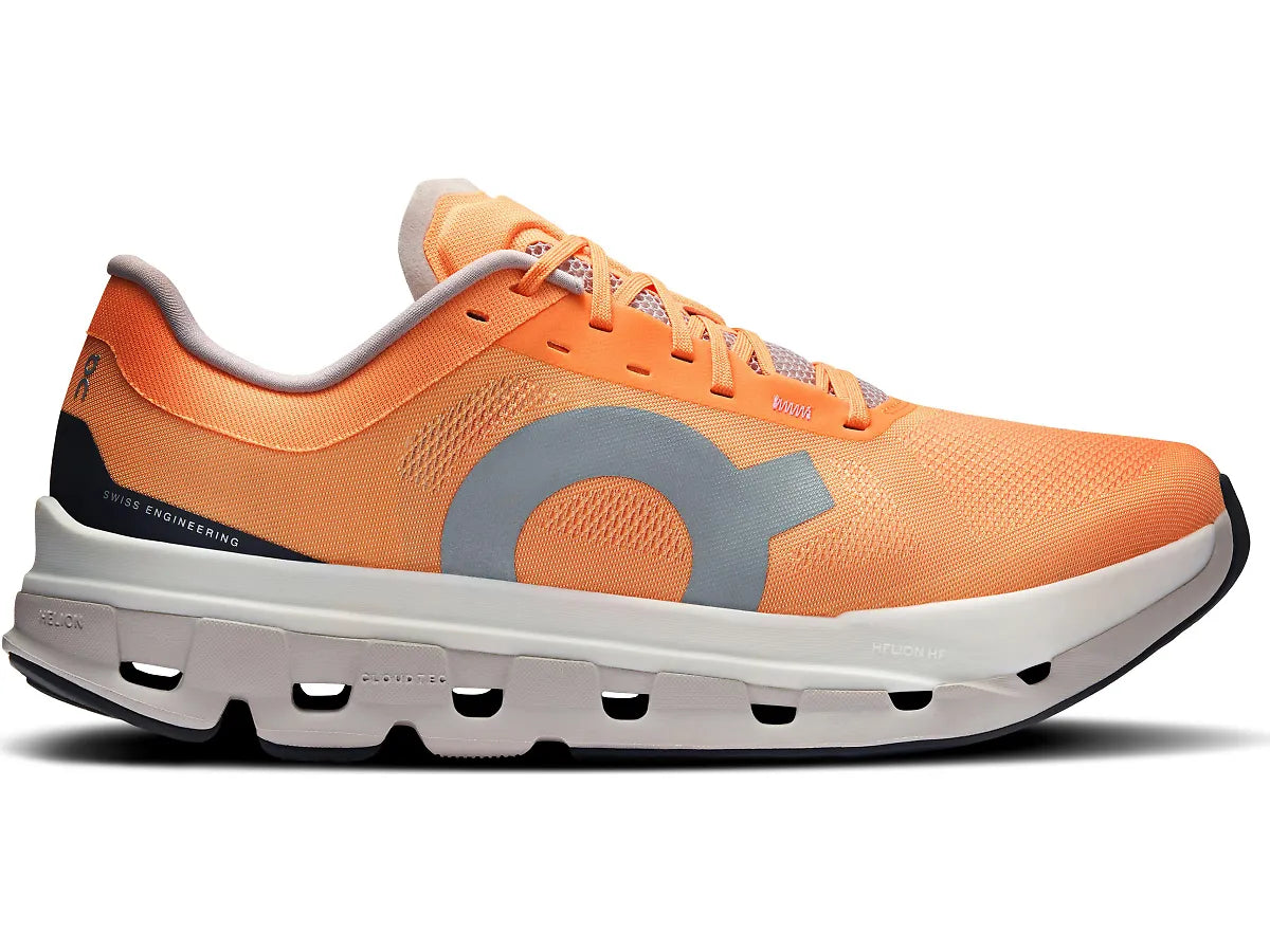Side view on white background of Mens On Cloudflow 5 running shoe in Tangerine/Silver, Medium (Regular) width
