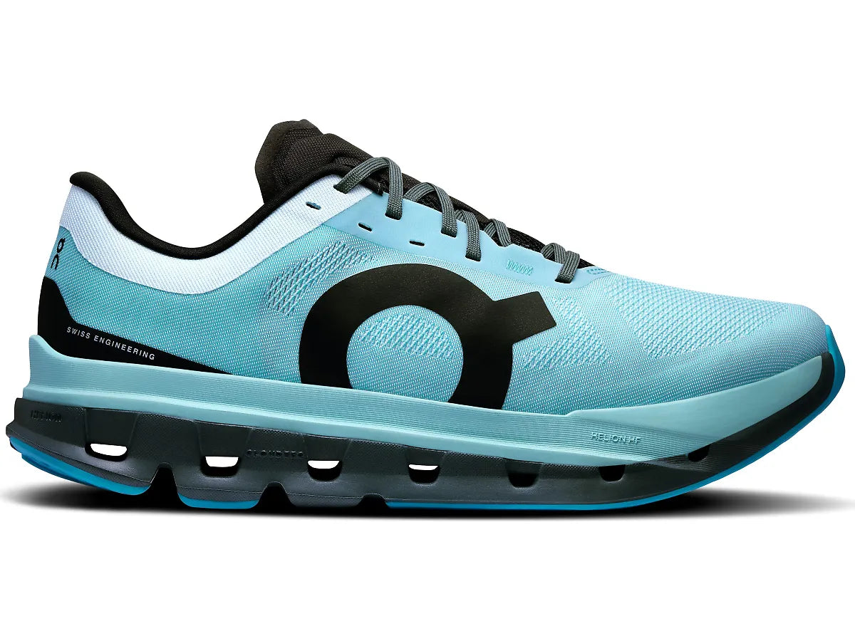 Side view on white background of Mens On Cloudflow 5 running shoe in Arctic/Stone, Medium (Regular) width