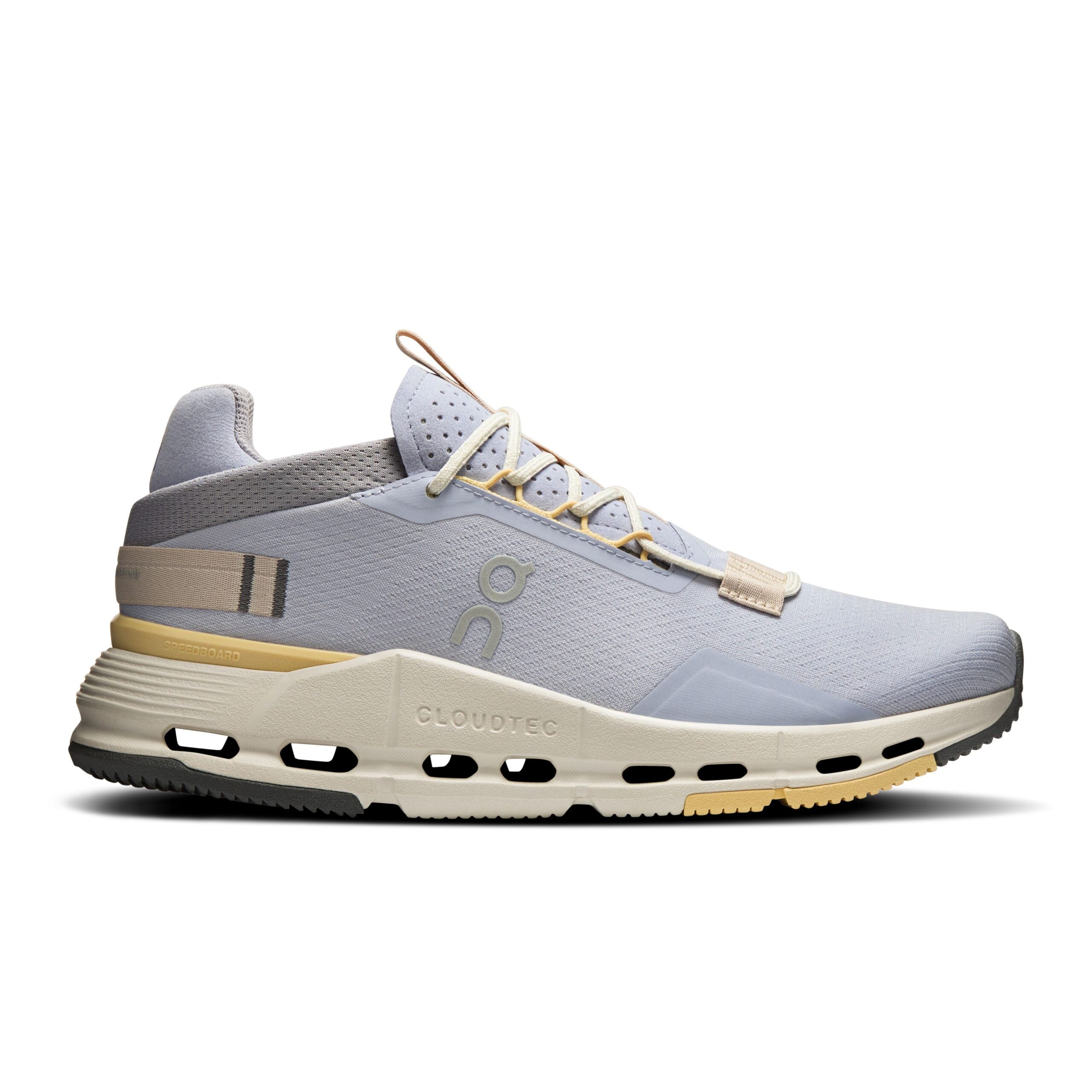 Side view on white background of Womens On Cloudnova 2 running shoe in Nimbus/Nectar, Medium (Regular) width