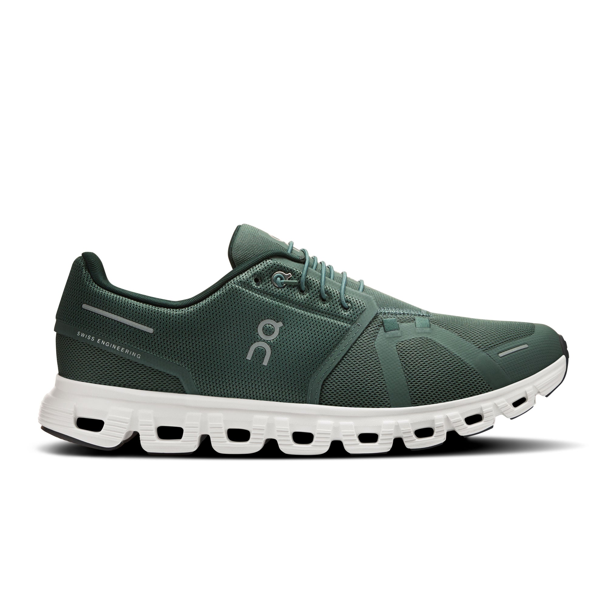 Side view on white background of Mens On Cloud 6 running shoe in Olive/Evergreen, Medium (Regular) width