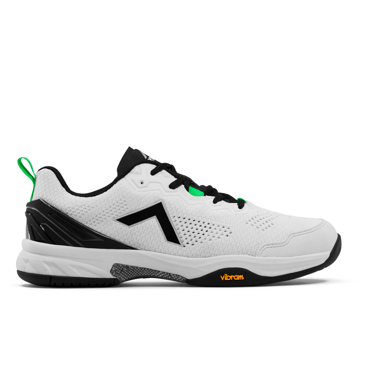 Side view on white background of Womens Tyrol Velocity V running shoe in White/Green, Medium (Regular) width