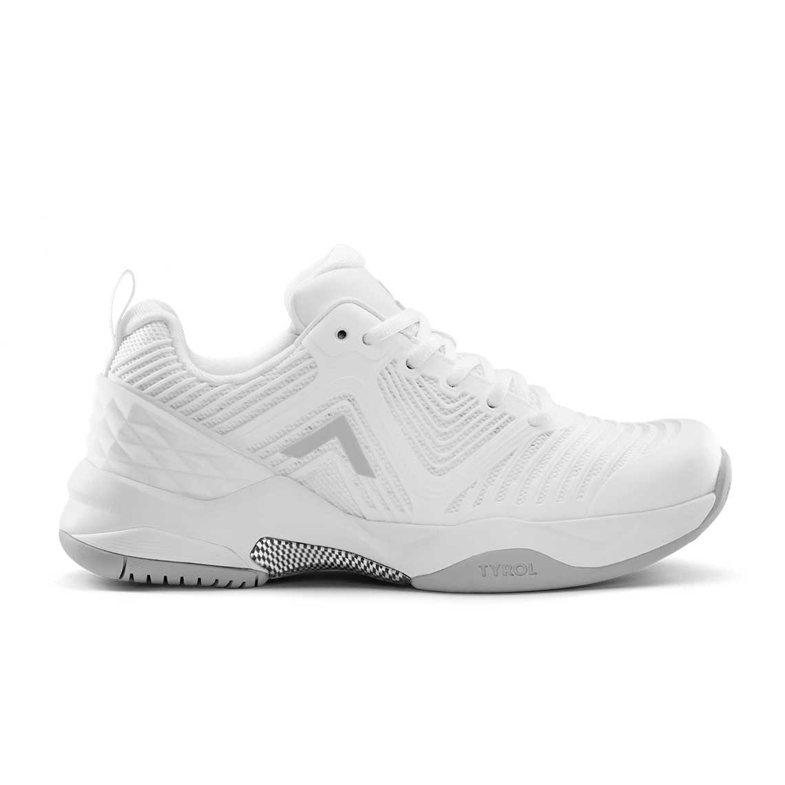 Side view on white background of Womens Tyrol Ace running shoe in White, Medium (Regular) width
