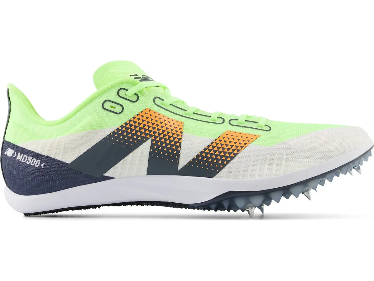 Side view on white background of Womens New Balance FuelCell MD500 v9 running shoe in Bleached Lime Glo/Graphite/Hot Mango, Medium (Regular) width