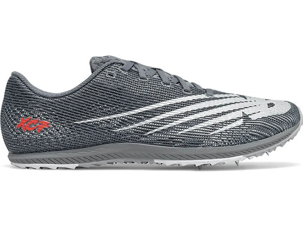 Side view on white background of Mens New Balance XC Seven V3 running shoe in Lead/Silver Metallic, Medium (Regular) width