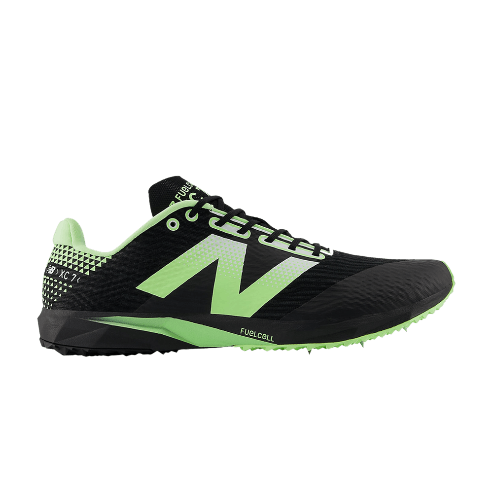 Side view on white background of Mens New Balance FuelCell XC7 v5 running shoe in Black/Mint Flash/White, Medium (Regular) width