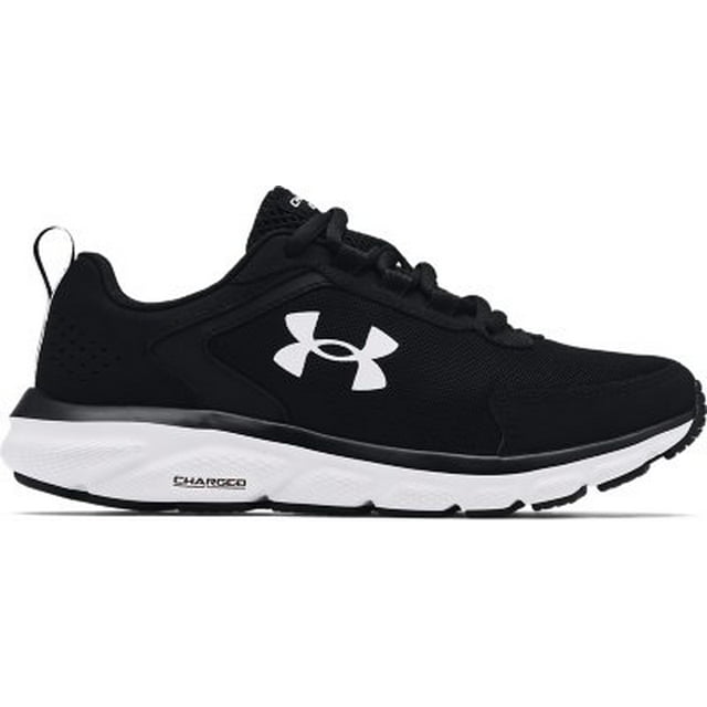 Side view on white background of Womens Under Armour Charged Assert 9 running shoe in Black/White, Medium (Regular) width