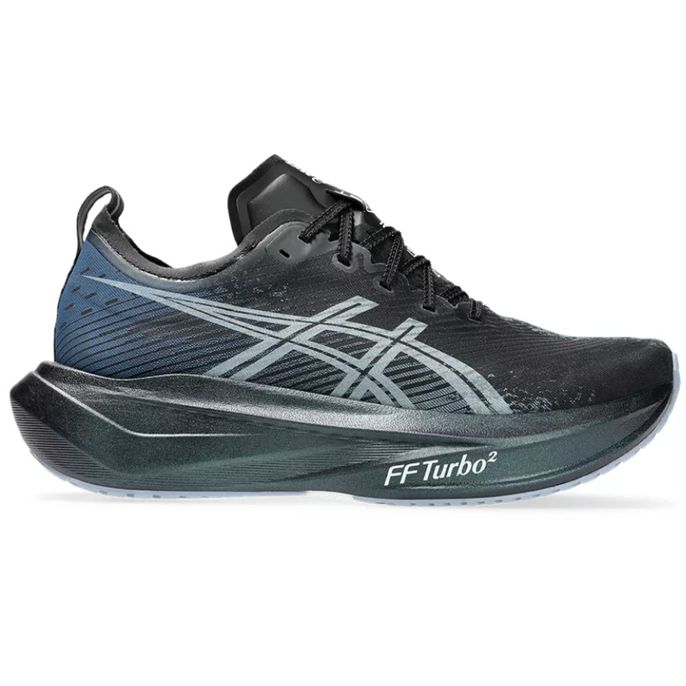 Side view on white background of Mens Asics Megablast running shoe in Black/White, Medium (Regular) width
