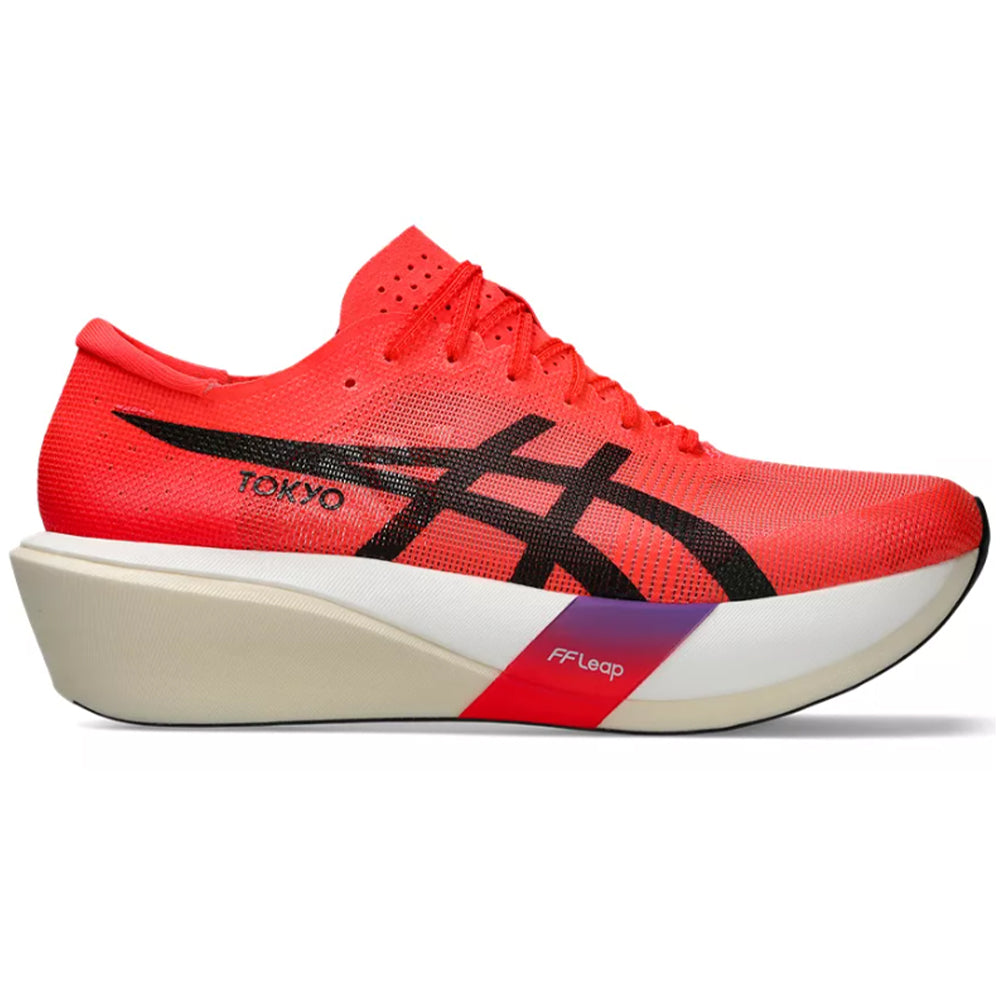 Side view on white background of Mens Asics Metaspeed running shoe in Flash Red/Black, Medium (Regular) width