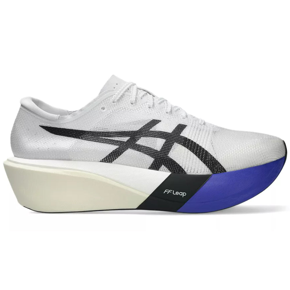 Side view on white background of Mens Asics Metaspeed running shoe in White/Cobalt Burst, Medium (Regular) width