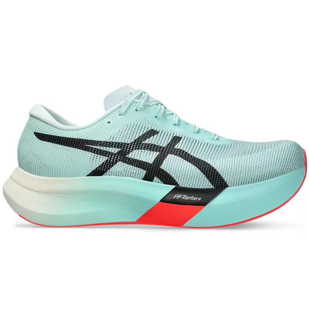 Side view on white background of Womens Asics Metaspeed running shoe in Illuminate Mint/Black, Medium (Regular) width