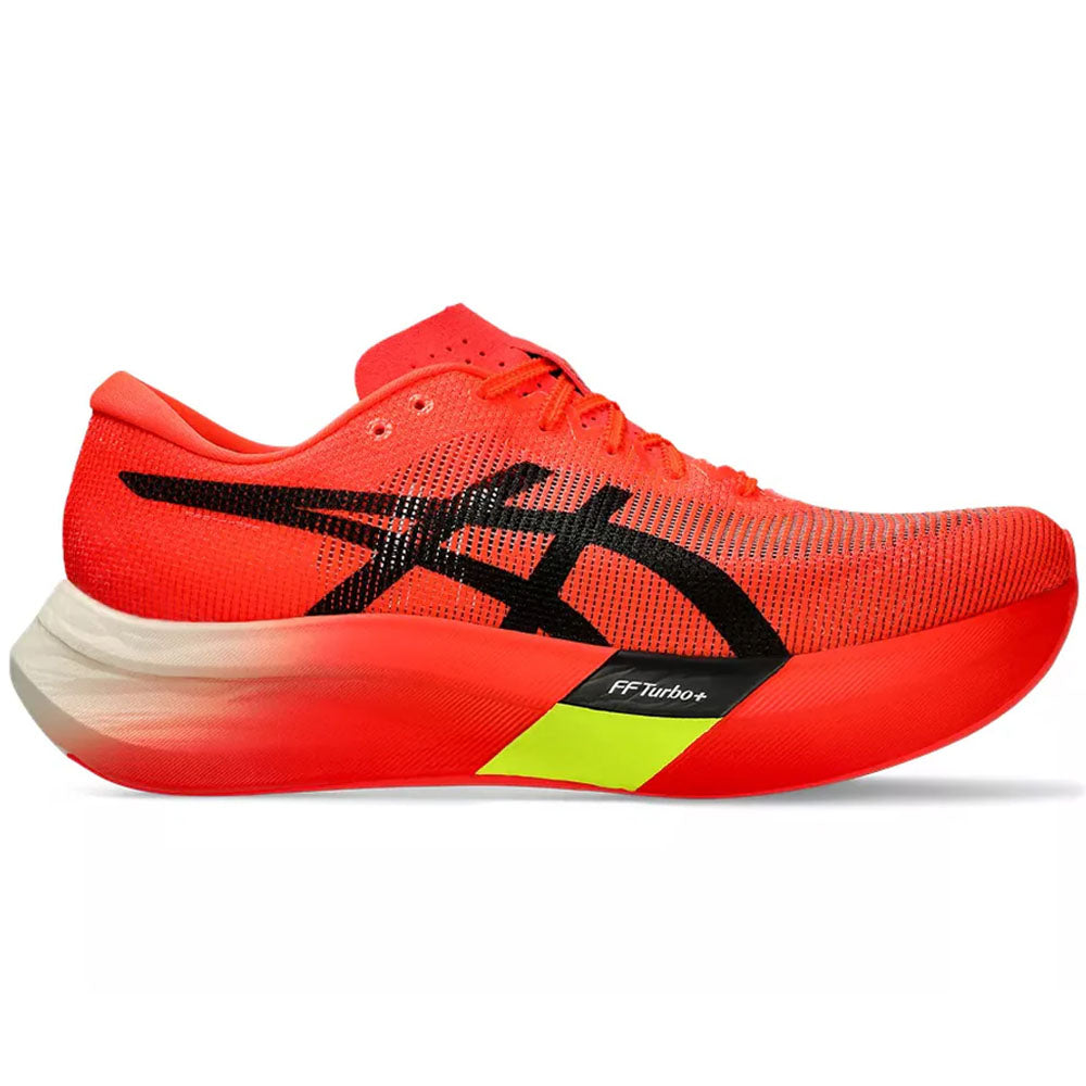 Side view on white background of Mens Asics Metaspeed running shoe in Sunrise Red/Black, Medium (Regular) width