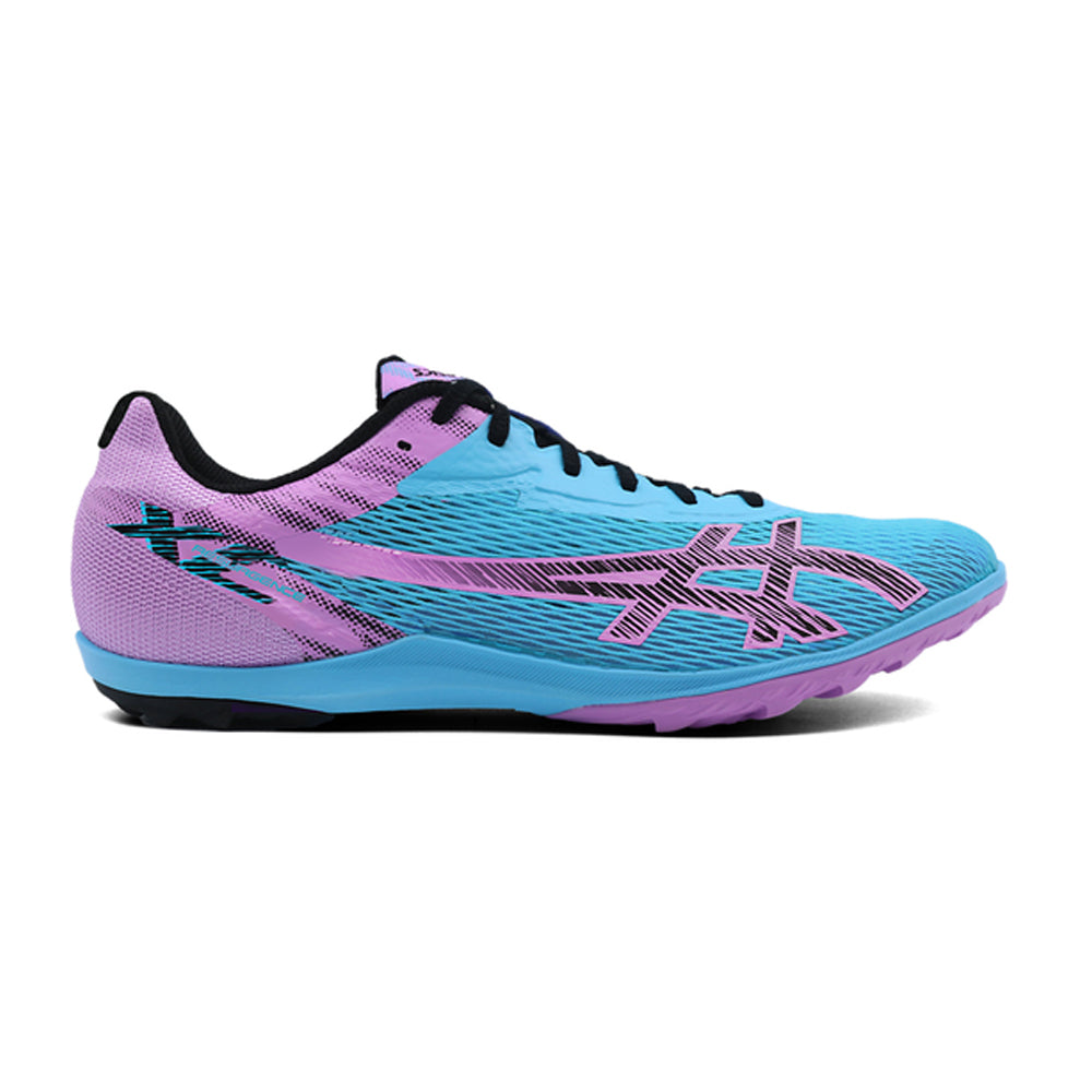 Side view on white background of Mens Asics Resurgence XC running shoe in Aquarium/Black, Medium (Regular) width