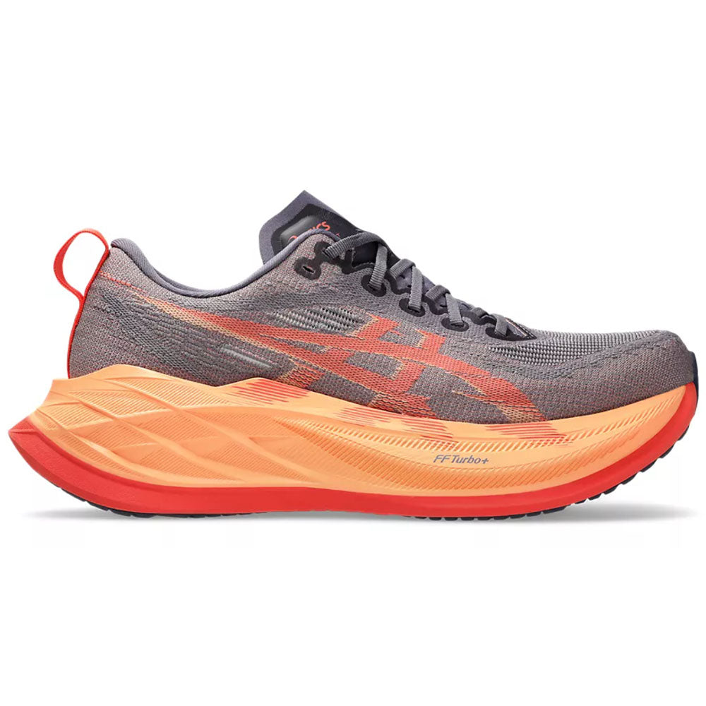 Side view on white background of Mens Asics Superblast running shoe in Greyish Purple/Coral Reef, Medium (Regular) width