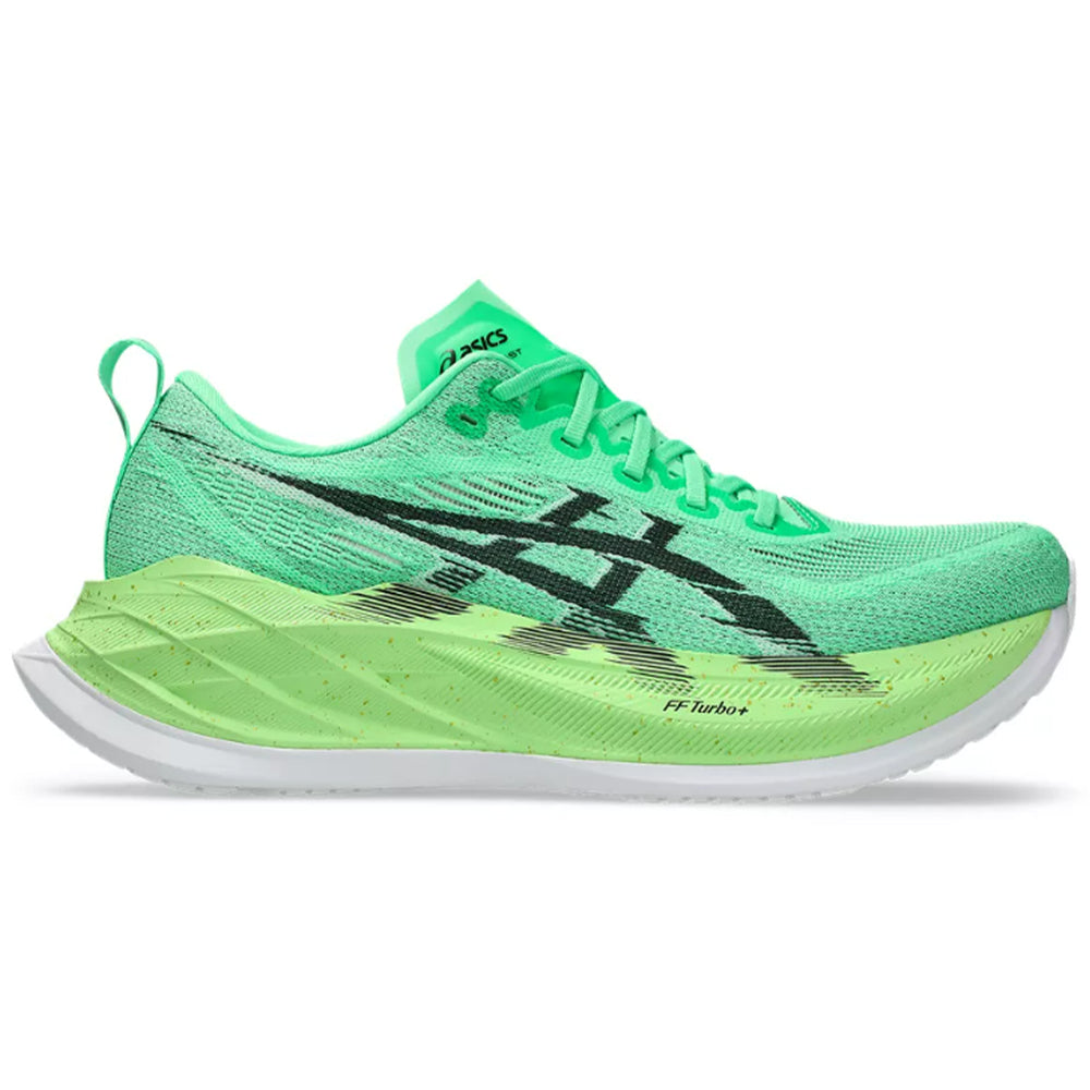 Side view on white background of Womens Asics Superblast running shoe in Vital Green/Black, Medium (Regular) width