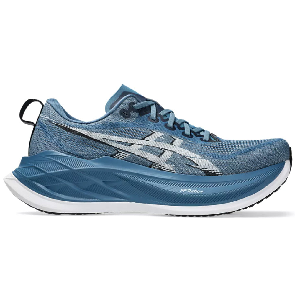 Side view on white background of Mens Asics Superblast running shoe in Winter Sea/White, Medium (Regular) width
