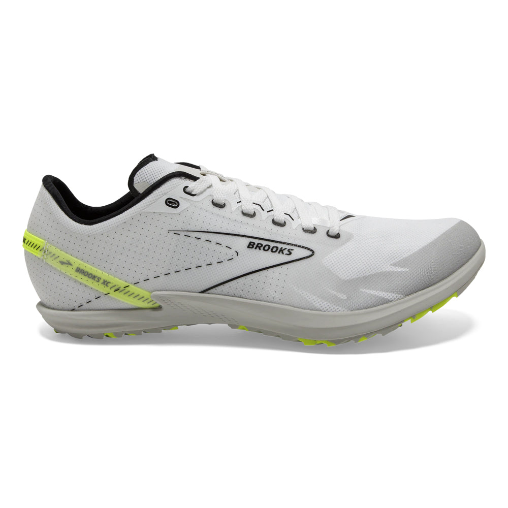 Side view on white background of Mens Brooks Draft XC running shoe in White/Black/Nightlife, Medium (Regular) width