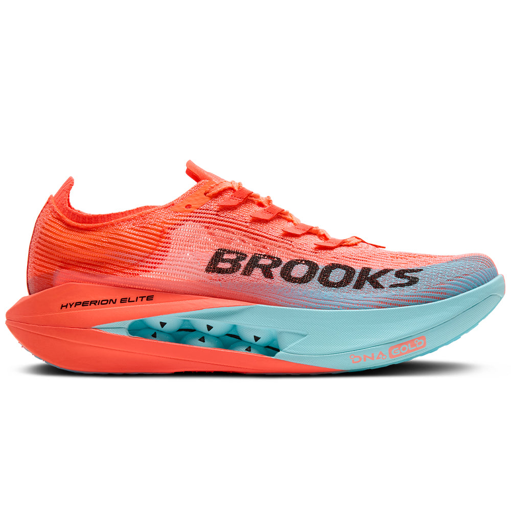 Side view on white background of Womens Brooks Hyperion running shoe in Pink Clay/Atomizer Blue, Wide width