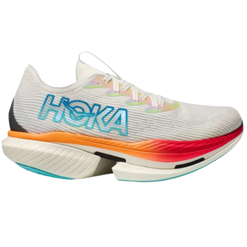Side view on white background of Womens Hoka Cielo running shoe in Frost/Cerise, Medium (Regular) width