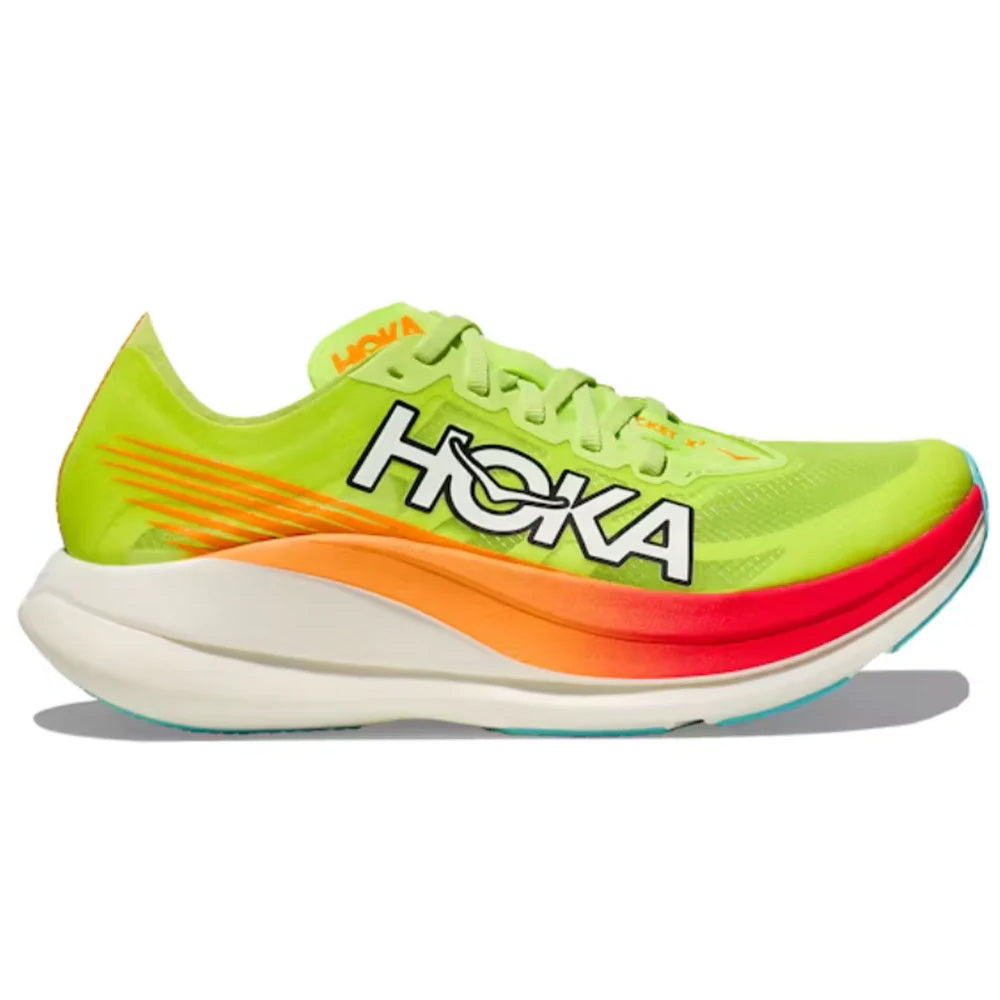 Side view on white background of Mens Hoka Rocket X running shoe in Lettuce/Solar Flare, Medium (Regular) width
