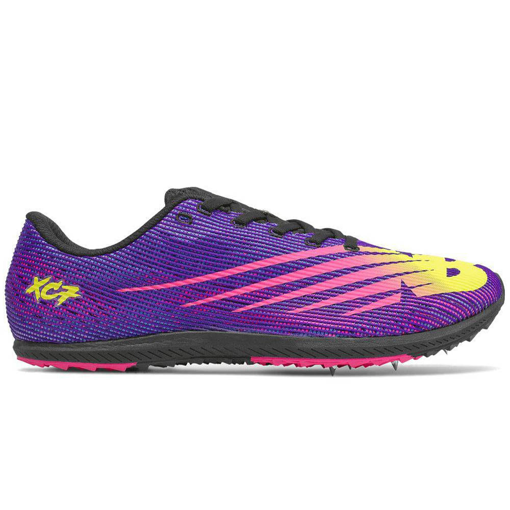 Side view on white background of Mens New Balance XC Seven running shoe in Deep Violet/Pink Glo, Medium (Regular) width
