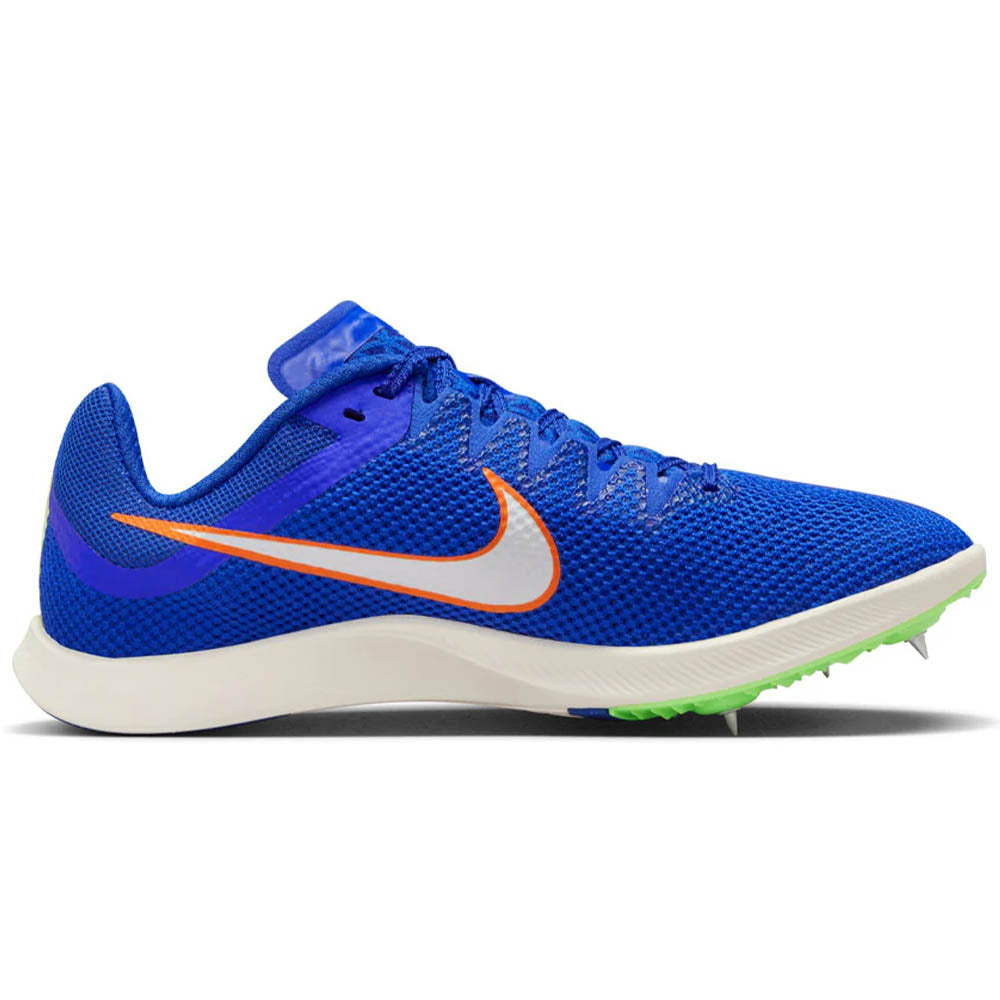 Side view on white background of Womens Nike Rival Distance running shoe in Racer Blue/White/Lime Blast, Medium (Regular) width