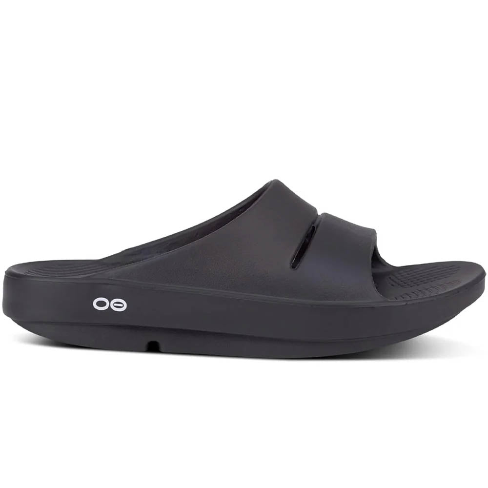 Side view on white background of Mens OOFOS OOahh running shoe in Black, Medium (Regular) width