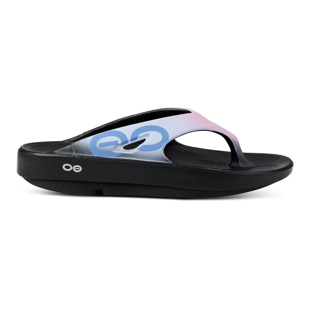 Side view on white background of Womens OOFOS OOriginal running shoe in Sunset Tide, Medium (Regular) width