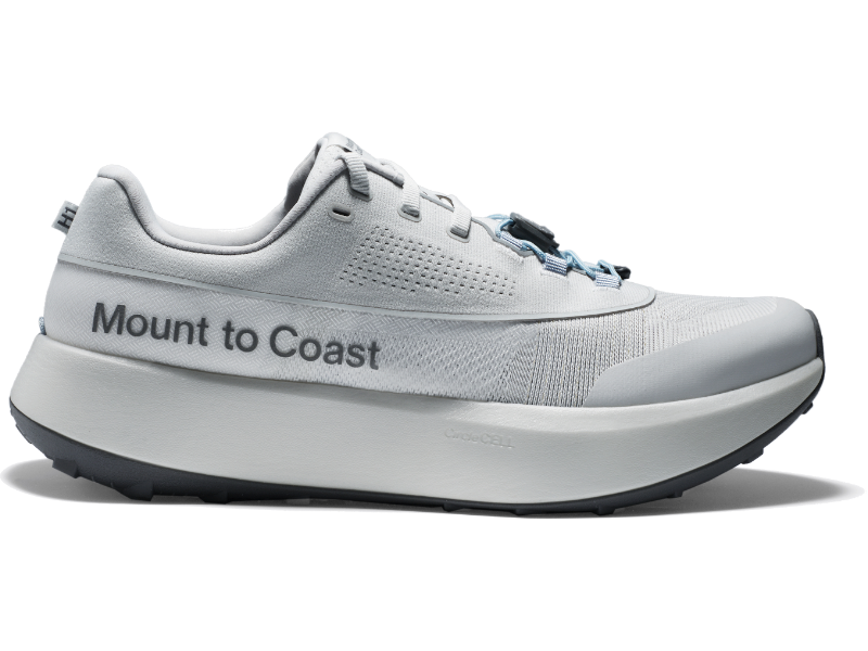 Side view on white background of Womens Mount To Coast H1 running shoe in White Sands, Medium (Regular) width