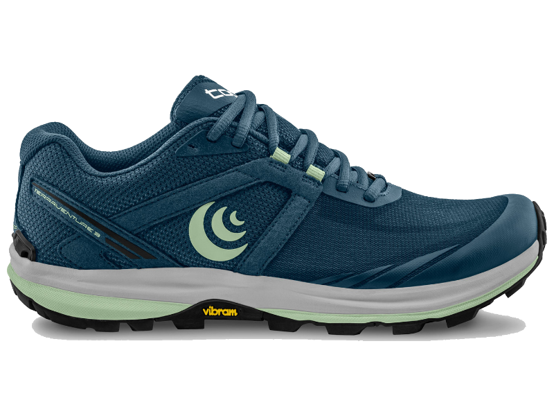 Side view on white background of Womens Topo Athletic Terraventure 3 running shoe in Denim/Mint, Medium (Regular) width