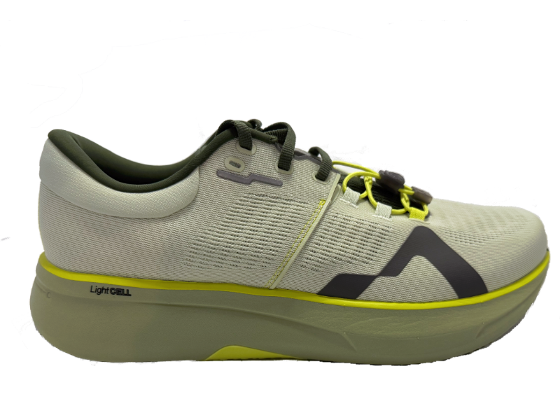 Side view on white background of Womens Mount To Coast R1 running shoe in Agave, Medium (Regular) width