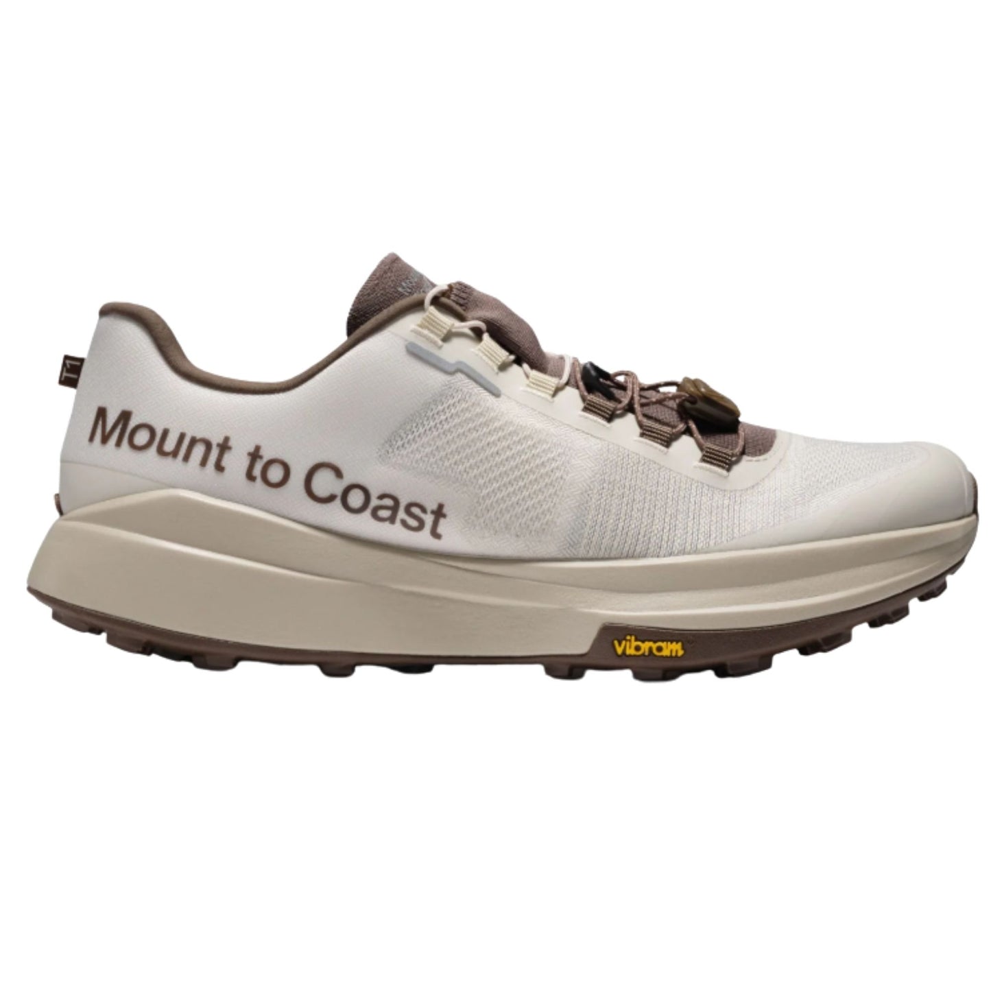 Side view on white background of Womens Mount To Coast T1 running shoe in Dune, Medium (Regular) width