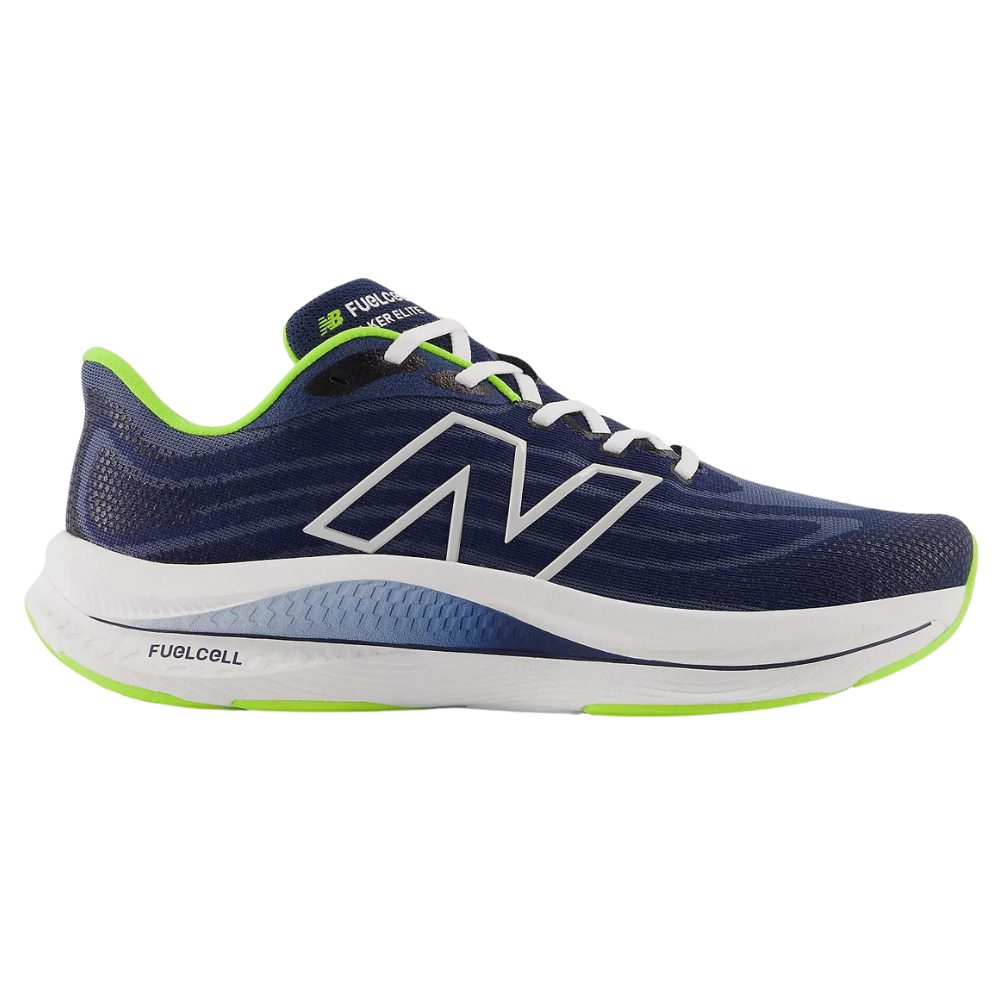 Side view on white background of Mens New Balance FuelCell Walker Elite running shoe in Nb Navy/Thirty Watt/White, Wide width