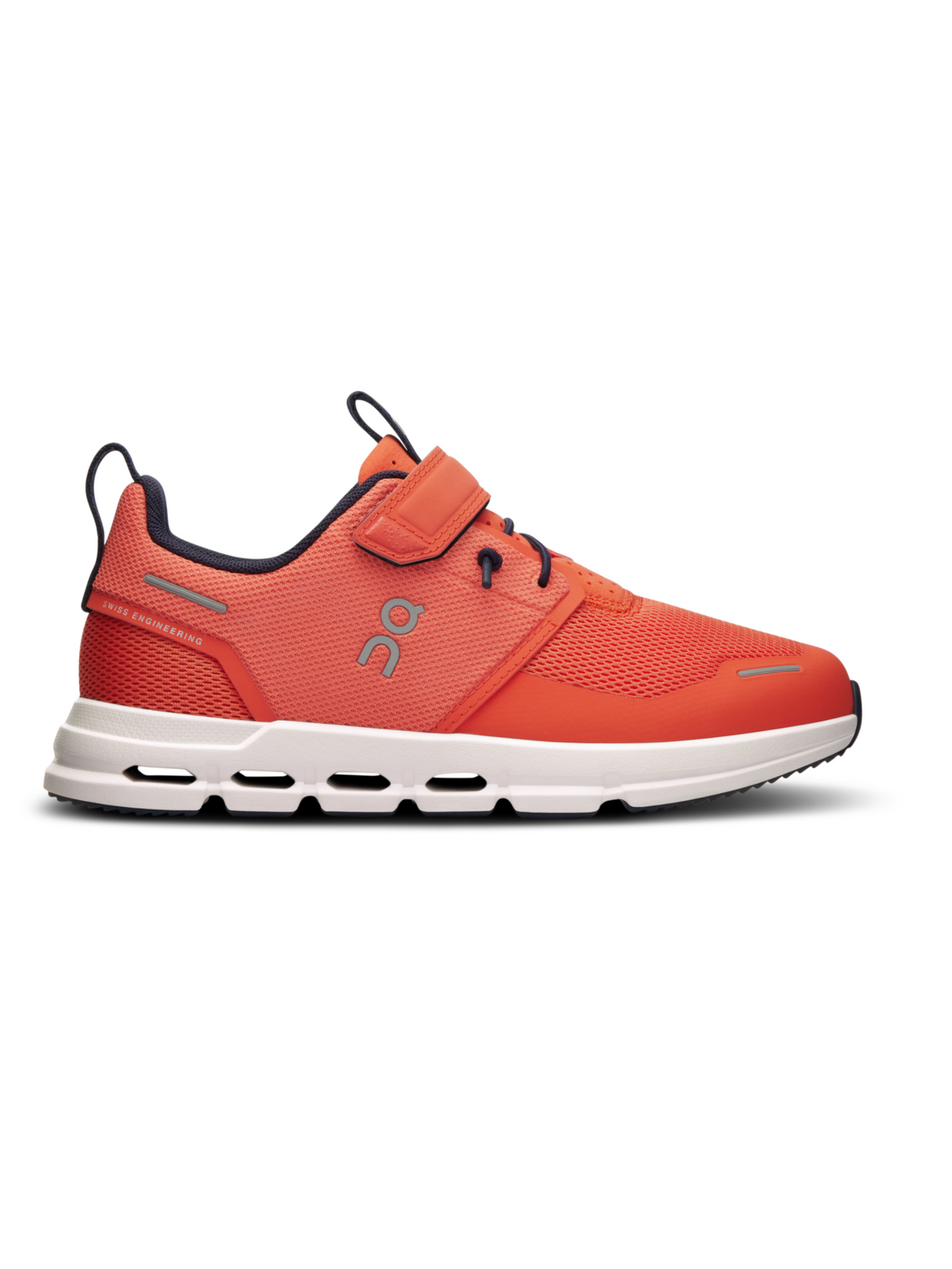 Side view on white background of Kids On shoe in Flame/White, Medium (Regular) width